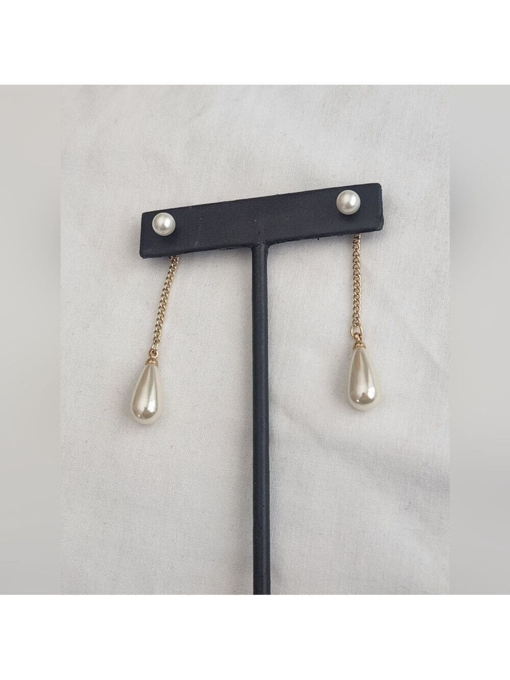 14K Gold Clad Faux Teardrop Pearl Chain Drop Dangle Earrings